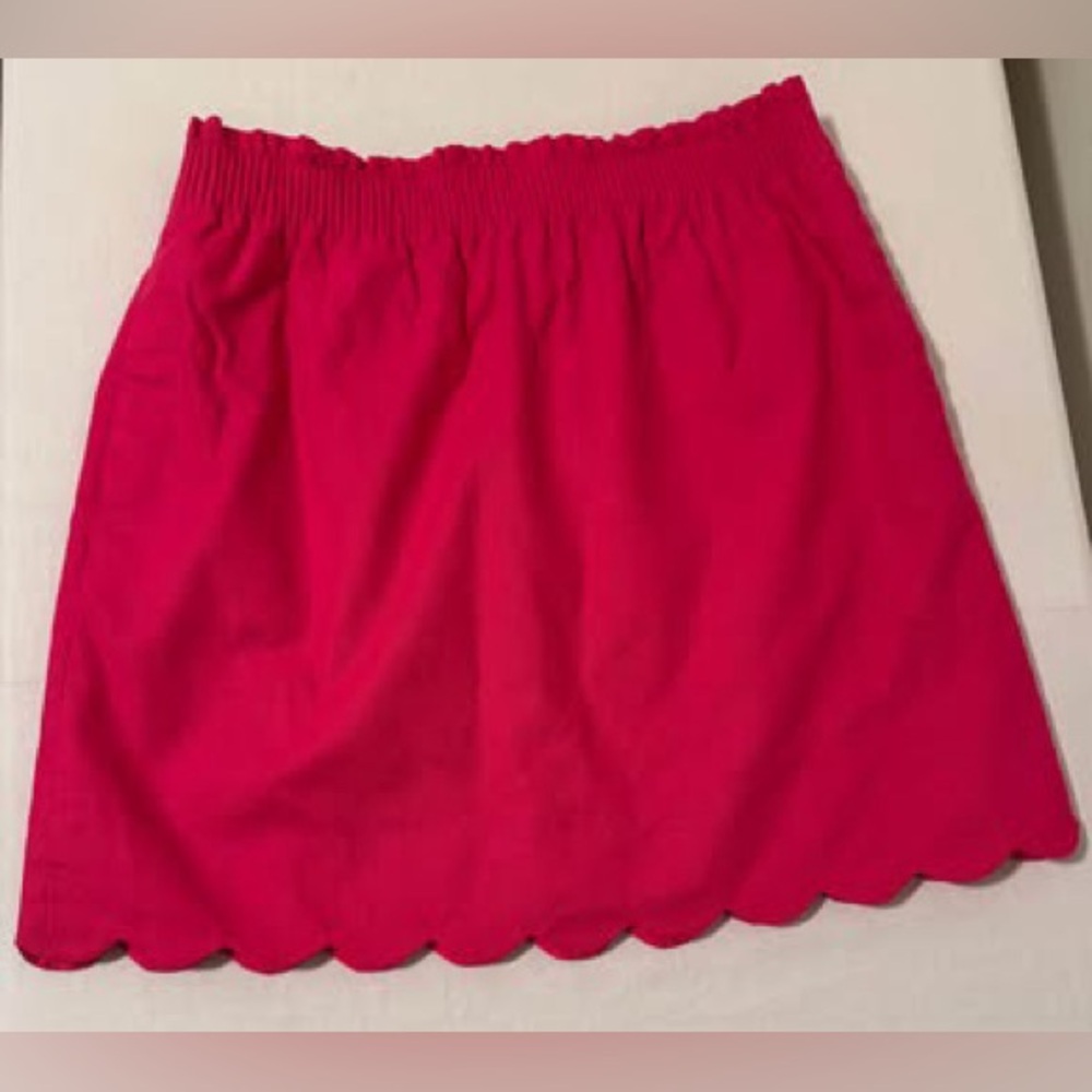 J. Crew Pink Mini Skirt pull‎ on scalloped hem cotton linen pockets lined sz 6